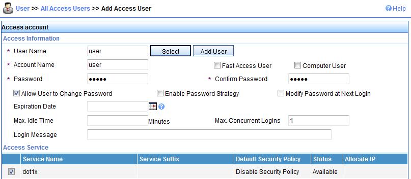 In the Access Information area, enter username user, set the account name to user and password to dot1x, select the service dot1x, and click OK.