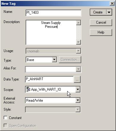 In the New Tag dialog box, the following fields are completed by default: Name Data Type External Access (must be