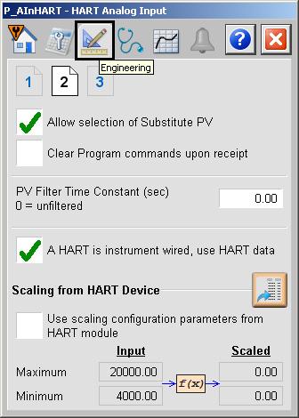 HART Analog Input (P_AInHART) Chapter 3 Engineering Tab Page 2 Process Variable Filter Time Constant Request Update of HART Device Information Button Configure Input and Scaled Ranges The following