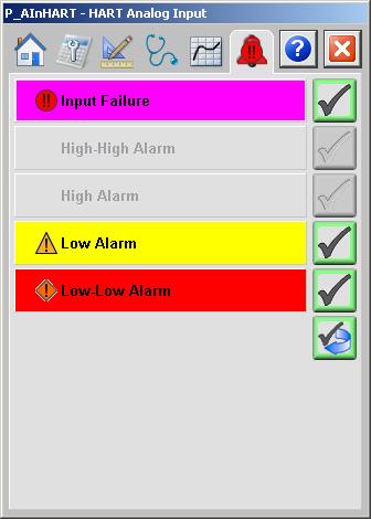 Chapter 3 HART Analog Input (P_AInHART) Alarms Tab The Alarms tab displays each configured alarm for the P_AInHART instruction.