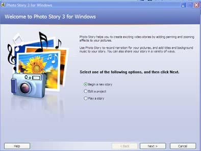 Photo Story, a free software application from Microsoft, is a user friendly program that guides the user step by step through the creation of a digital storybook or