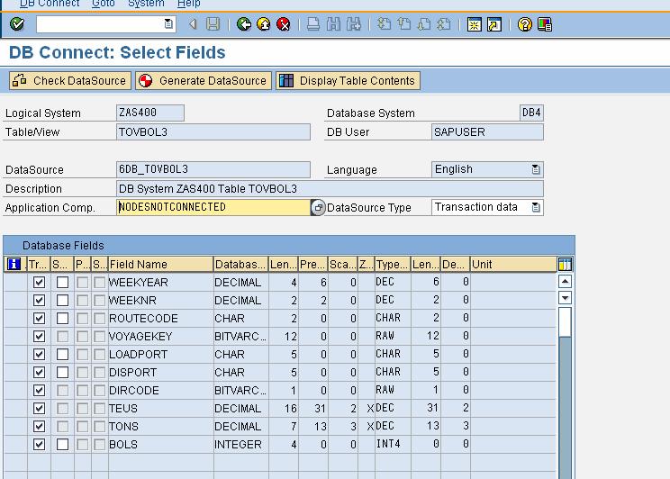 Figure 7: Selected Table / View with the fields 8. Click Display Table Contents. A maximum of 20 data records are displayed for field selection. 9.