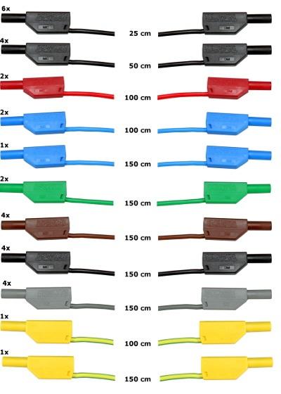 14 Set of safety measurement cables, 4mm (31 leads) SO5148-1L 1 Safety measurement cables with 4mm safety plugs, coloured, PVC insulation, highly flexible Each set includes the following: 6 x 25cm