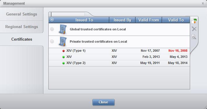 Figure 22. The Certificates tab on the Management screen v The Manager Configuration > Certificates tab.