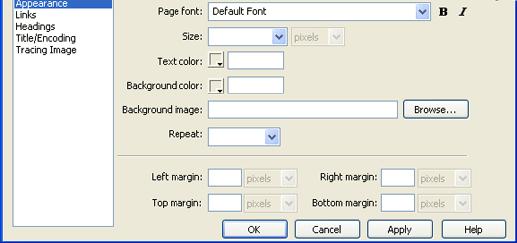 By default, the Appearance category is selected. Here, define the appearance of the default text on your page by selecting a font, size and text color.