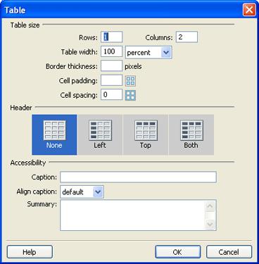 2 In the dialog box, set the following options: Rows determines the number of rows the table has. Columns determines the number of columns the table has.