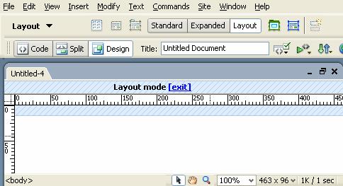 1. On the Insert bar, select the Layout category. 2. Click the Layout button. 3. If the Getting Started in Layout View dialog opens, click OK. 4. On the Insert bar, click the Layout Table button. 5.