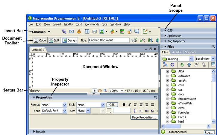 The Menu Bar provides menus to access all the features Dreamweaver offers. The Document Window displays the current document as you create and edit it.