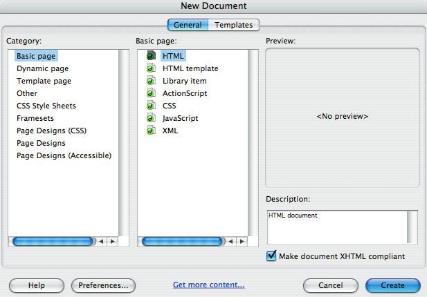 New File pg. 10 Creating a New File As with most programs there are two or more ways you can create a new file in Dreamweaver. Below are instructions for two ways, first the most common method.