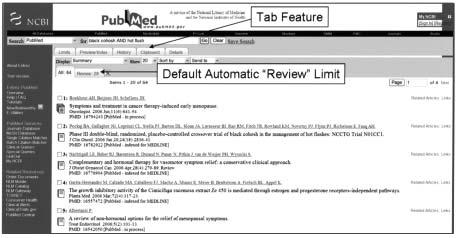 FIGURE 1. The updated PubMed format displays the Features bar as file tabs. A default Review limit is applied to all searches of PubMed.