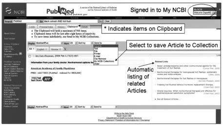 FIGURE 2. The upper right-hand side of the screen indicates that you are signed on to My NCBI. Once 1 or more articles are sent to the Clipboard, an asterisk appears on the Clipboard tab.
