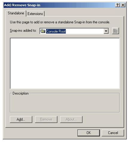 Figure 4: Add/Remove Snap-in dialog box The Add/Remove Snap-in dialog box allows you to modify the namespace of the selected console.