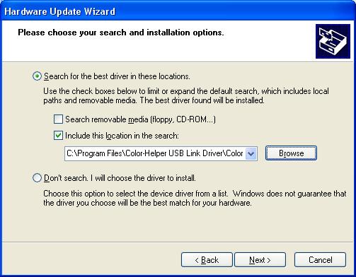 Click OK and the hardware wizard will fill in the full path name under the