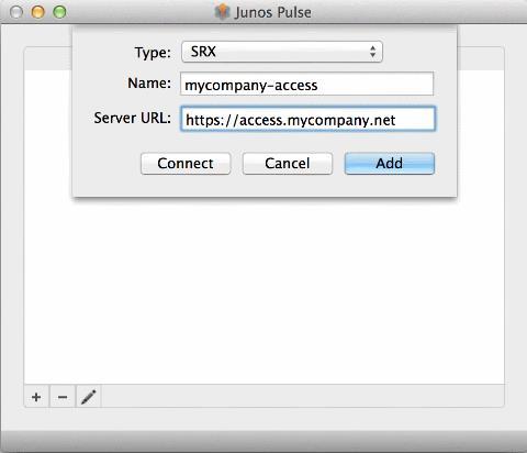 Figure 1. Pulse for Mac NOTE: The Junos Pulse Dynamic VPN functionality is compatible with SRX-Branch (SRX100-SRX650) devices only.