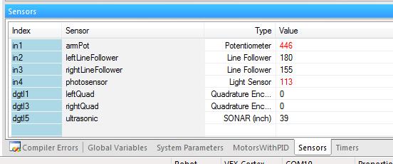 Debug Sensor Window Provides live sensor values