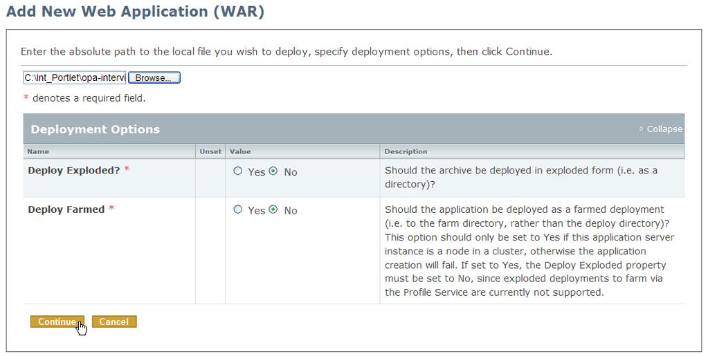 4. On the presented Add New Web Application (WAR) page, browse to the