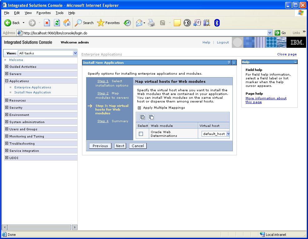 On the Map virtual hosts for Web Modules page, select Oracle
