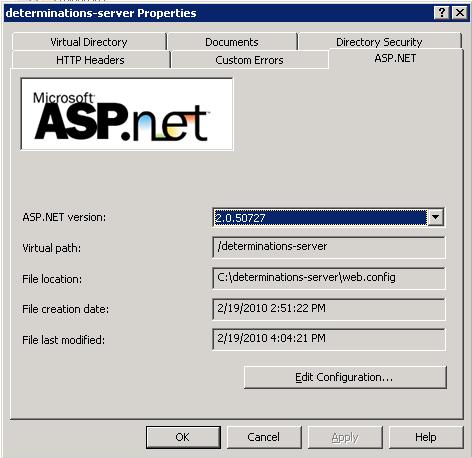 2. Select the ASP.NET tab and make sure that the ASP.NET version is 2.0 or later. 3.
