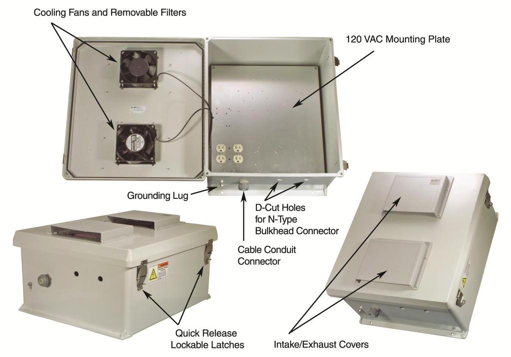 120 VAC 18x16x8 Inch Weatherproof Enclosure with Mounting Plate, Cooling Fans and Solid State Fan Controllers Model: NB181608-10FS Applications and Features Features: Molded Fiberglass Reinforced
