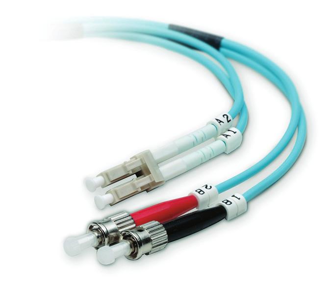 Two-Post Rack Part Number RK2000 Fiber Optic Patch Cable Part Number F2F402L0-XXM-G Shown with Belkin cable management and patch cables.