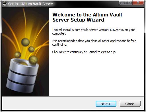 Initial welcome page for the Altium Vault Server installation wizard.