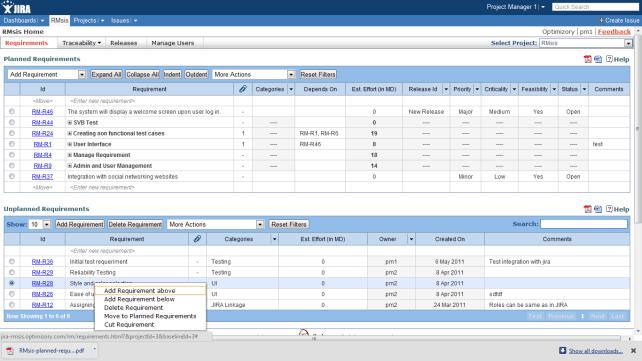 Fig 3 : Requirement Operations Screen Edit Requirement: A requirement can be edited simply by clicking on it OR by clicking its ID.