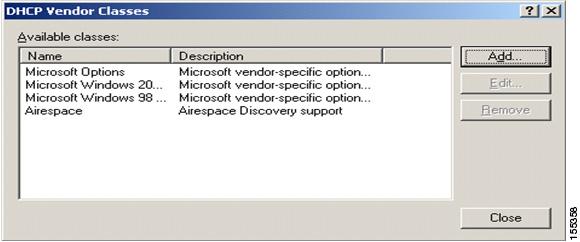 Appendix E: Configuring Vendor-Specific DHCP Options (Option 43) in the Windows 2000 and 2003 DHCP Server Figure 112 DHCP Vendor Classes Including the Newly Added
