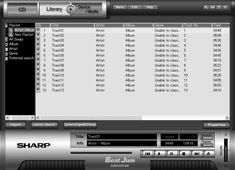 Main player: Library panel Player screen Main player 8 Category list Categories or groups for songs recorded or registered with BeatJam are listed.