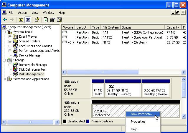 select New Partition from the pull-down menu as shown