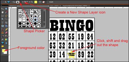 Step 5: Place a shape in the center square Select the layer containing the word Free on your Bingo board. Ctrl click (Mac: Cmd click) the Create a New Layer icon in the Layers Panel.