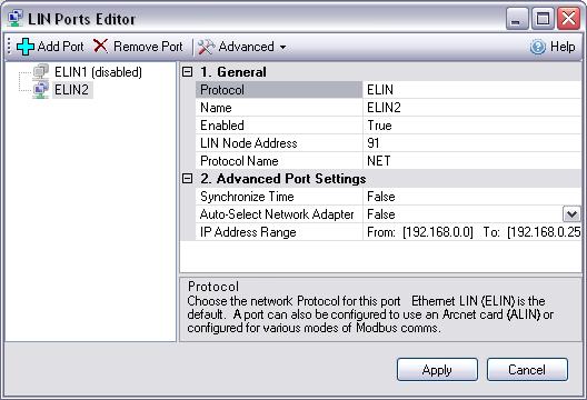 Troubleshooting Tools LIN Ports Editor Control Panel The LIN Ports Editor control panel provides access to the local configuration for the LINOPC server.