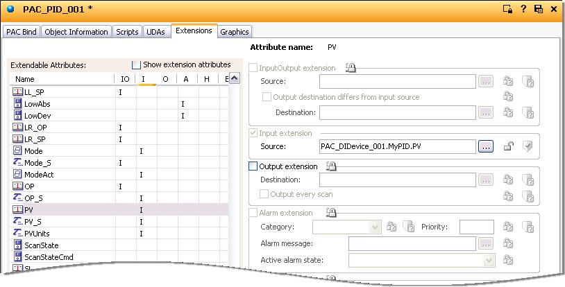 Stage 5: Binding LIN Data to ArchestrA Application Objects 4. Highlight the PV attribute and locate the Source text entry box in the Input extension group, as shown in the following figure.