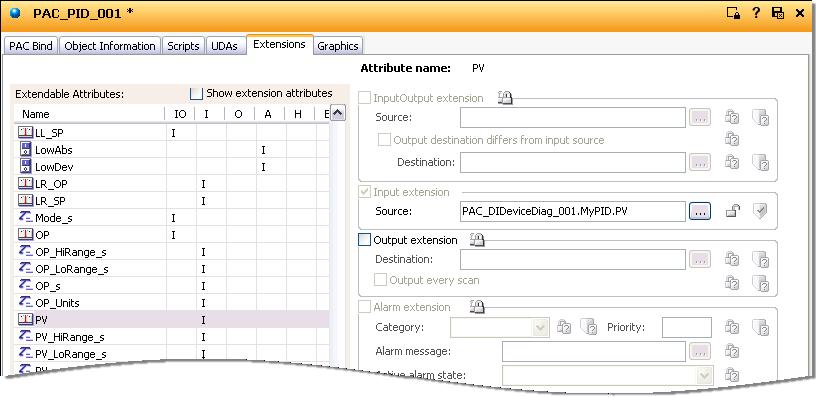 Stage 5: Binding LIN Data to ArchestrA Application Objects 5. Click the OK button to automatically populate the Source in the Input extension group with the selected reference string.