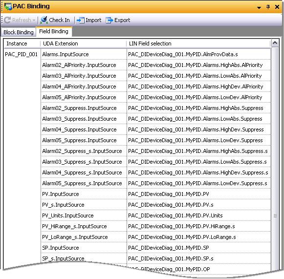 Stage 5: Binding LIN Data to ArchestrA Application Objects Field Binding tab The Field Binding tab shows a read only view for all bound attributes of a selected instance.