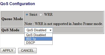 Figure 3-17. QoS configuration screen. 3.2.9.2 QoS Mode: QoS Disabled When the QoS Mode is set to QoS Disabled, the following table is displayed. Figure 3-18.