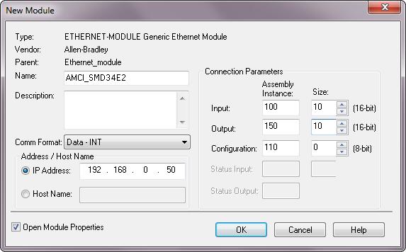 SMD34E2 User Manual IMPLICIT COMMUNICATIONS WITHOUT EDS 4.2 Add the SMD34E2 (continued) 6) Set the following parameters in the Module Properties window. All parameters not listed here are optional.