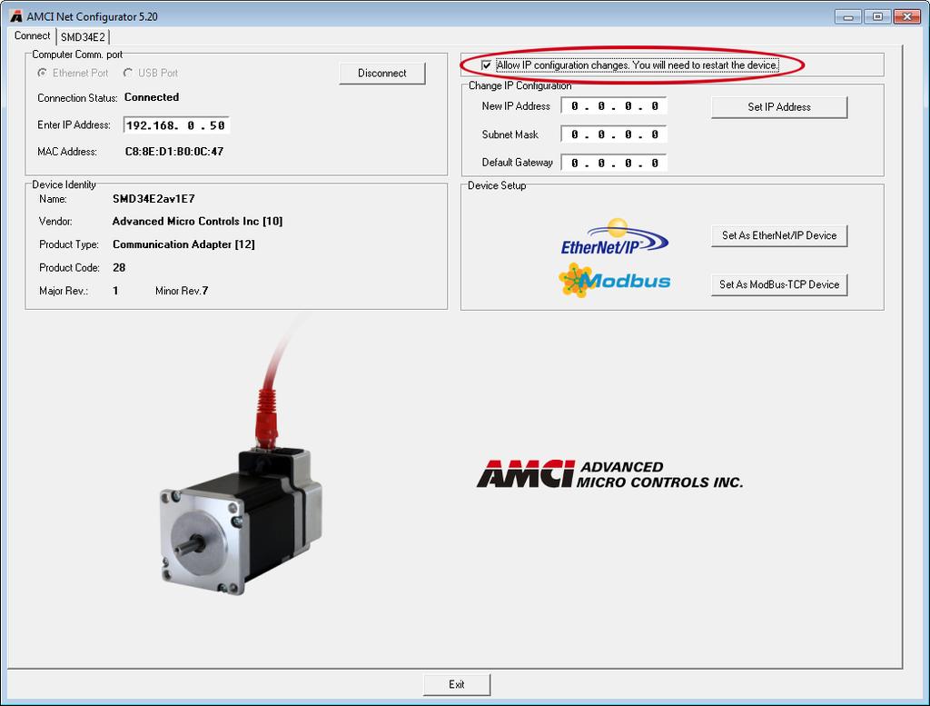 SET THE IP ADDRESS SMD34E2 User Manual 2.2c Use the AMCI Net Configurator Utility (continued) 2.2c.14 Click on the "Allow IP..." Checkbox to Access the IP Settings Figure T2.
