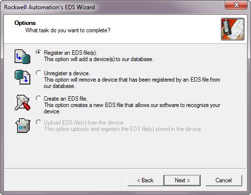 IMPLICIT COMMUNICATIONS WITH AN EDS SMD34E2 User Manual 3.2 Install the EDS file (continued) 3.2.2 Install the EDS File 1) On the Options screen, select the Register an EDS file(s) radio button and press [Next >].