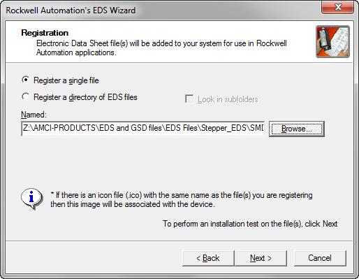 3 EDS Registration Screen 3) Click on the [Browse...] button and browse to the folder that contains the extracted EDS file you downloaded from the AMCI website.