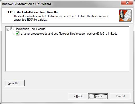 SMD34E2 User Manual IMPLICIT COMMUNICATIONS WITH AN EDS 3.2 Install the EDS file (continued) 3.2.2 Install the EDS File (continued) 4) Once at the EDS File Installation Test Results screen, expand the tree as needed to view the results of the installation test for the EDS file.