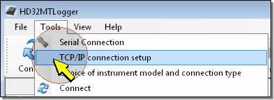 The program will automatically search for an instrument connected to the PC's available ports, starting from the set one.