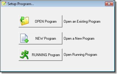 Select: OPEN Program, to open an existing measurement acquisition and recording program saved in the PC; NEW Program, to create a new measurement acquisition and recording program; RUNNING Program,
