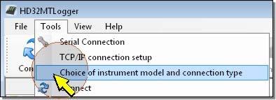 model and connection type item in the Tools menu. Select the model HD32MT.1.
