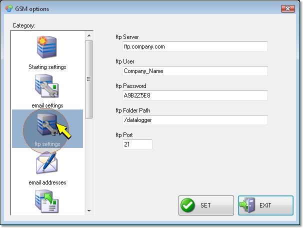 ftp settings To allow the datalogger to send files to an FTP address, you need to set the server access information in the ftp settings section.