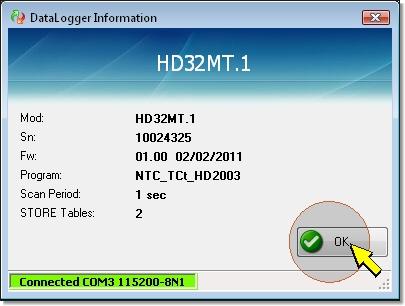 If the connection is successful, the software reads the program installed in the datalogger and displays the DataLogger Information window with datalogger model, serial number, firmware version, name