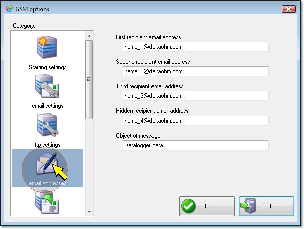 e-mail addresses In the e-mail addresses section you can enter the addresses to which the datalogger will send the files with the recorded data. The files are sent as e-mail attachments.