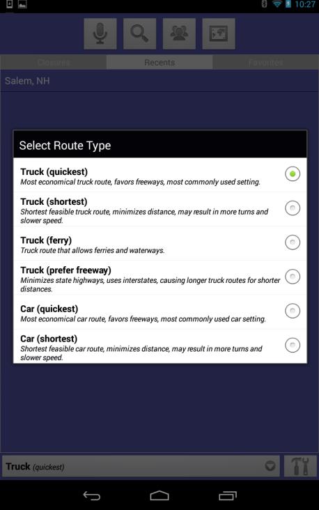 Routing Preferences Selecting the tool option on the lower right corner will bring up several settings for changing routes, tolls and vehicle specifications.