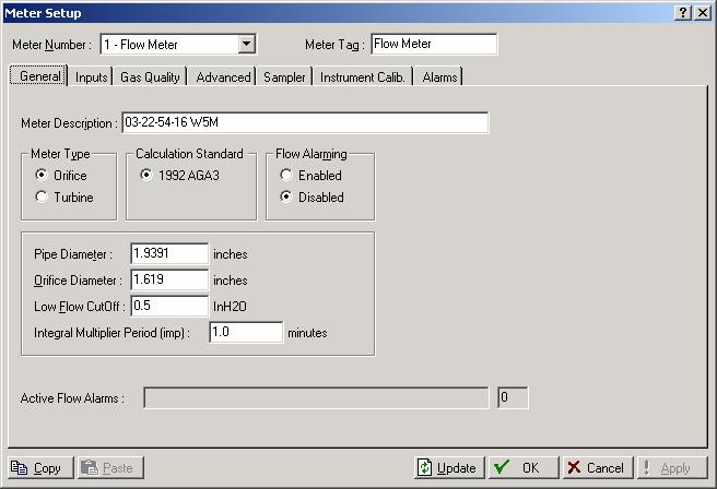 3.2 Meter Setup Screen General Tab Use the General tab on the Meter Setup screen to define the meter type, calculation standard, and values for the pipe and orifice diameters. 1.