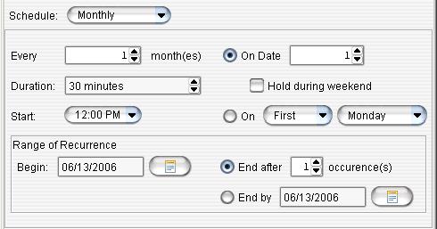 1. In the Duration field, specify the duration of the meeting, using the Up/Down arrows. 2. In the Start field, specify the start of the meeting by clicking the Down arrow and using the slide bar. 3.
