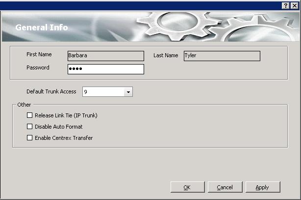General Information The General Info screen lets you edit your password and the default trunk access code, release the link tie for IP trunks, disable auto format, and enable Centrex transfer.